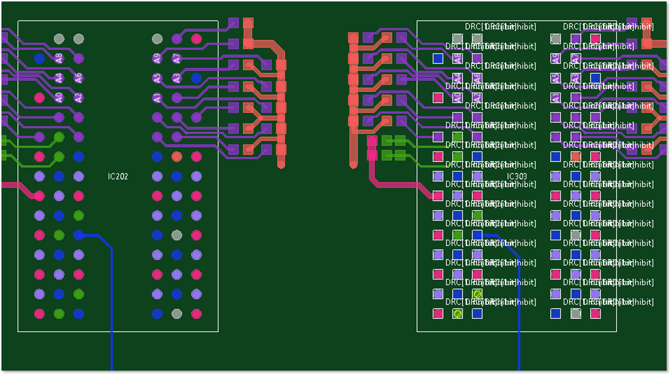 PCB layout comparison showing a component correctly mapped to a keepout area on the left and an unmapped component on the right generating multiple DRC warnings.