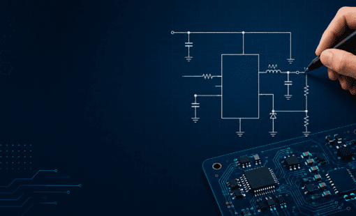 A hand uses a stylus to draw an electronic circuit schematic beside a detailed printed circuit board on a dark blue technology-themed background.