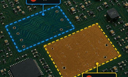 Illustration of a PCB with highlighted keepout areas allowing traces in one region and copper fill in another.