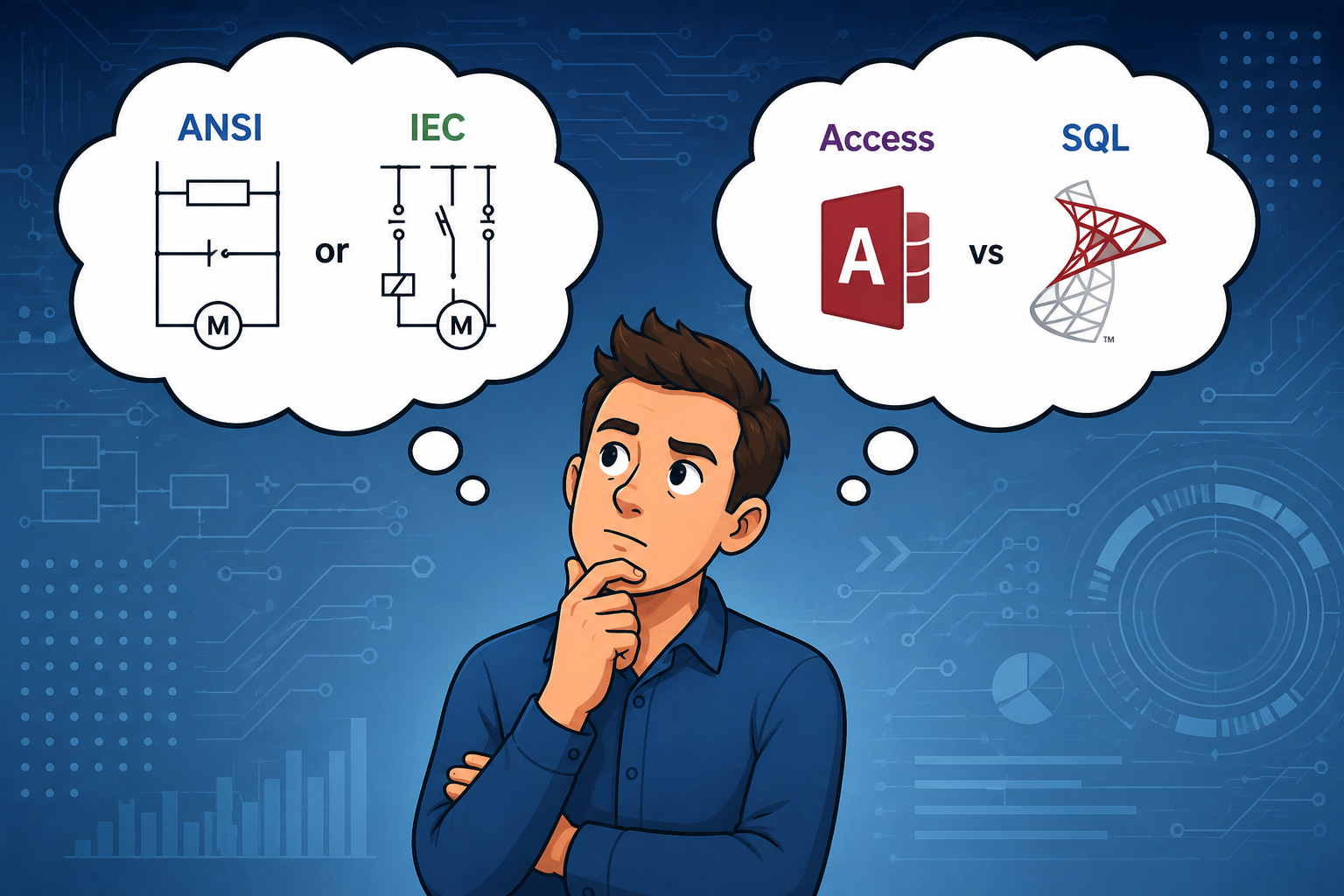 Cartoon man weighing ANSI vs IEC symbols and Access vs SQL options.