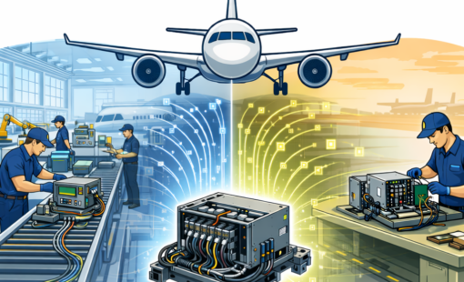 Split illustration of factory production line and aircraft modification workbench.