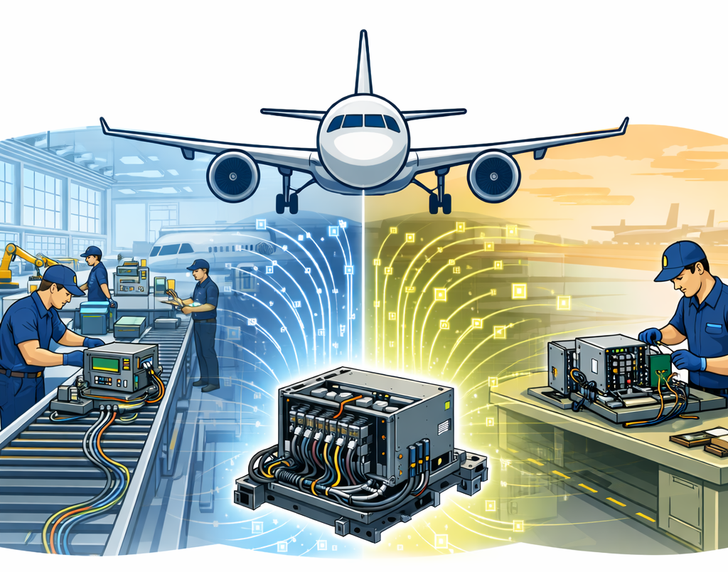 Split illustration of factory production line and aircraft modification workbench.