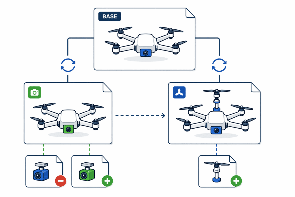 Base drone design with synchronized variant drawings showing camera swap and added rotor modifications.