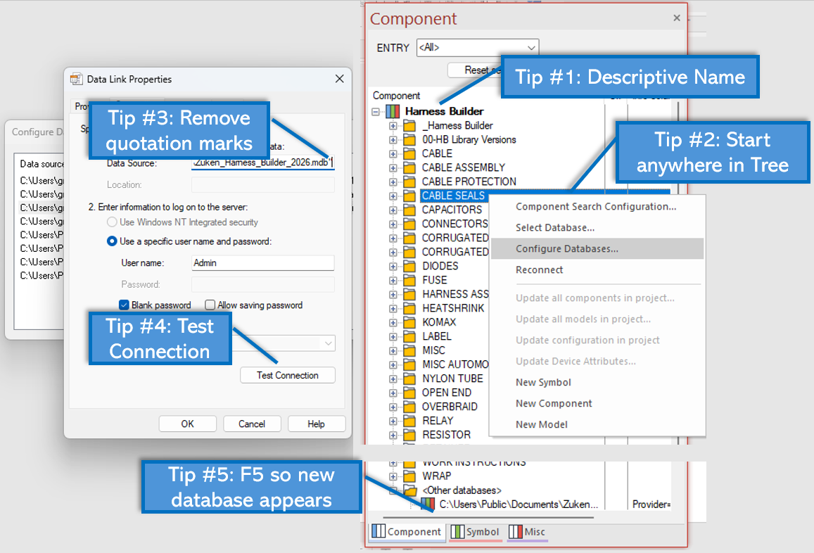 Screenshot of E3 Component database setup with callouts for naming, tree selection, removing quotes, testing the connection, and pressing F5