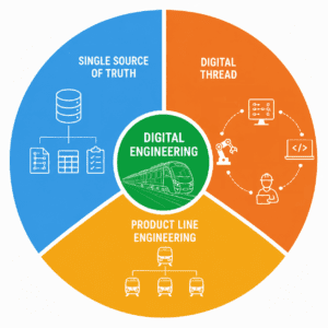 Digital engineering diagram showing Single Source of Truth, Digital Thread, and Product Line Engineering.