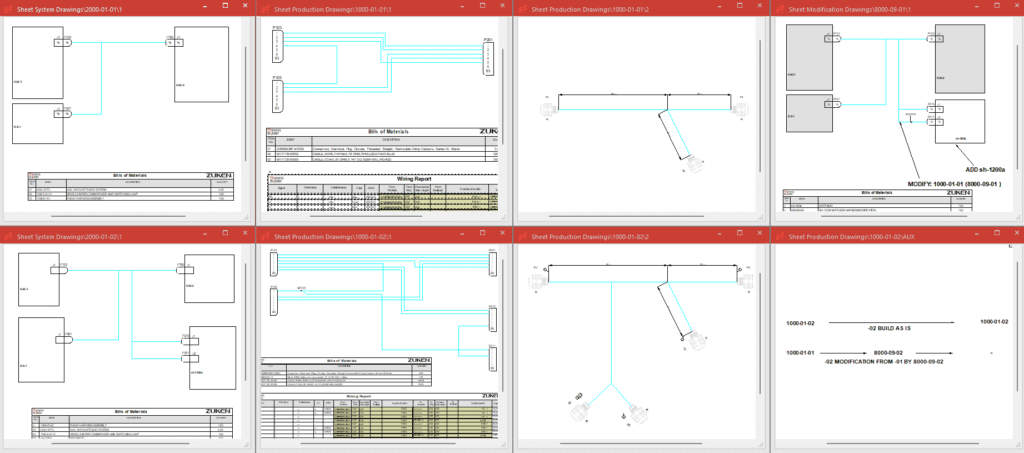 Grid of E3.series drawings showing system, production, and modification diagrams and device tree.