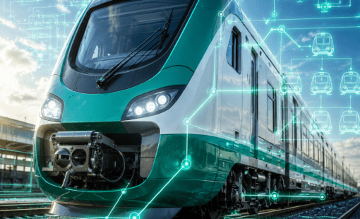 Modern passenger train with digital engineering overlays, schematics, and connected design data.