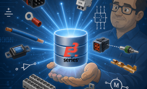 Glowing E3 series component database surrounded by electrical parts and circuit symbols.
