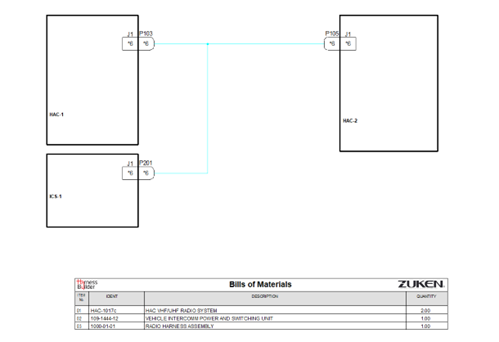 Schematic showing two radios and an intercom connected with the BOM table.