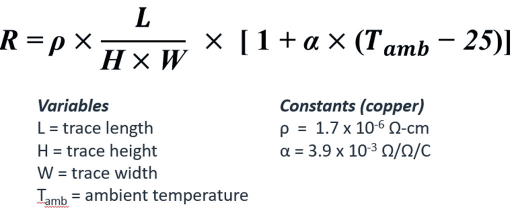 Equation for PCB trace resistance showing resistivity, length, width, height, and a temperature-dependent term, with listed variables and copper. constants