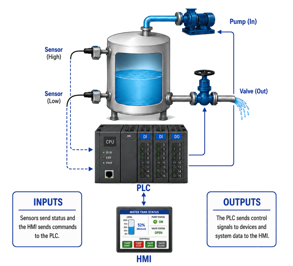 Diagram showing a PLC controlling water tank sensors, pump, valve, and HMI through input and output signals.