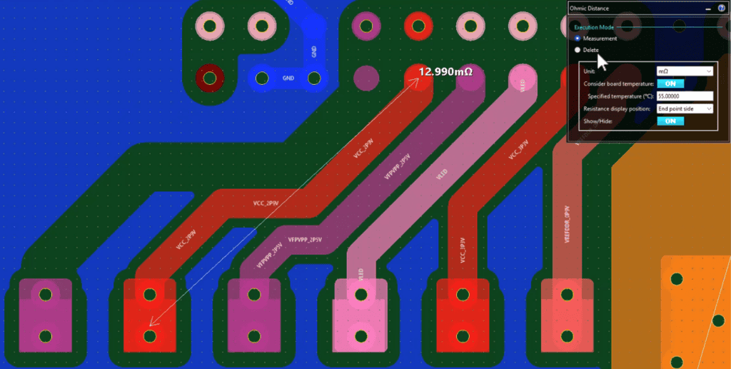 PCB layout showing copper traces with calculated resistance value between two selected points.