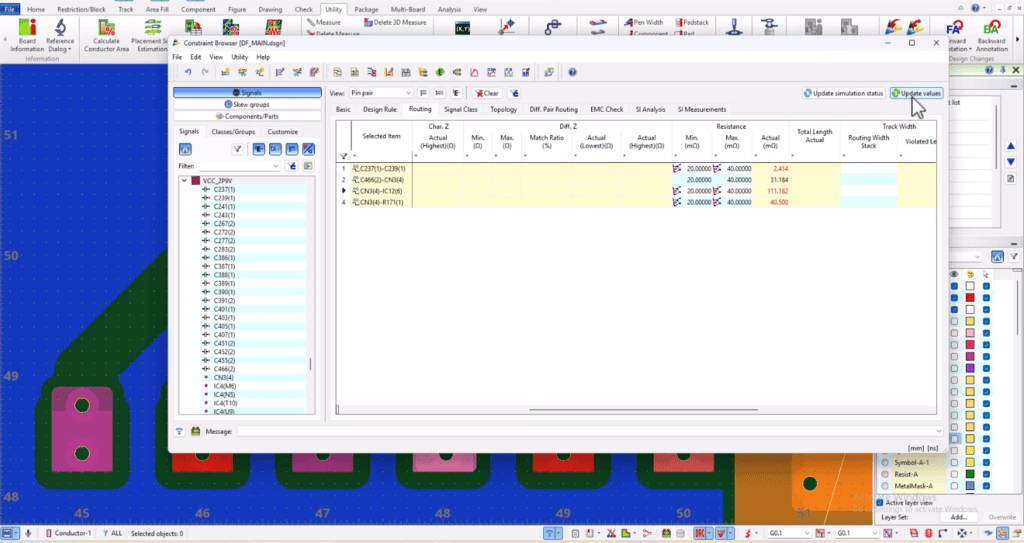Constraint browser showing trace resistance values, limits, and highlighted violations for selected nets.