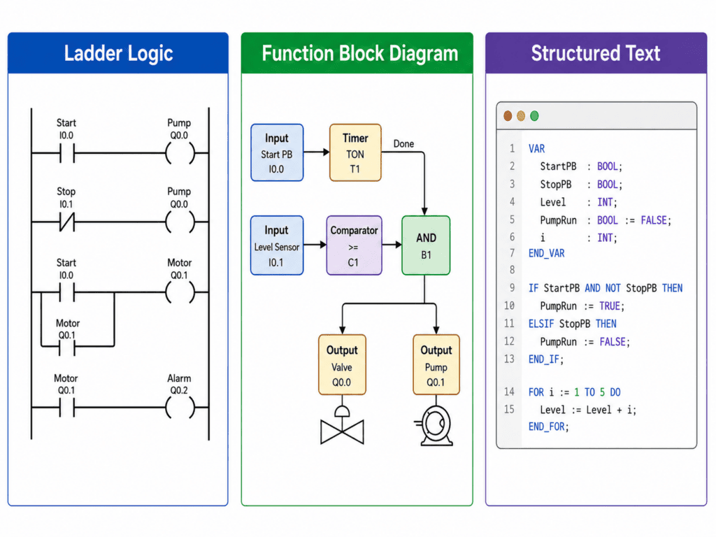 Three-panel diagram comparing ladder logic, function block diagrams, and structured text.