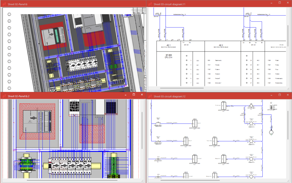 E3.series software displaying PLC panel layouts, electrical schematics, wiring, and device documentation for an industrial control system.