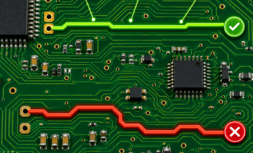 PCB with green and red traces, resistance calculator, and trace factor callouts.