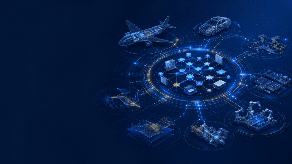 Abstract visualization of an MBSE model connecting aircraft, automotive, electrical, simulation, and manufacturing systems within a digital engineering ecosystem.