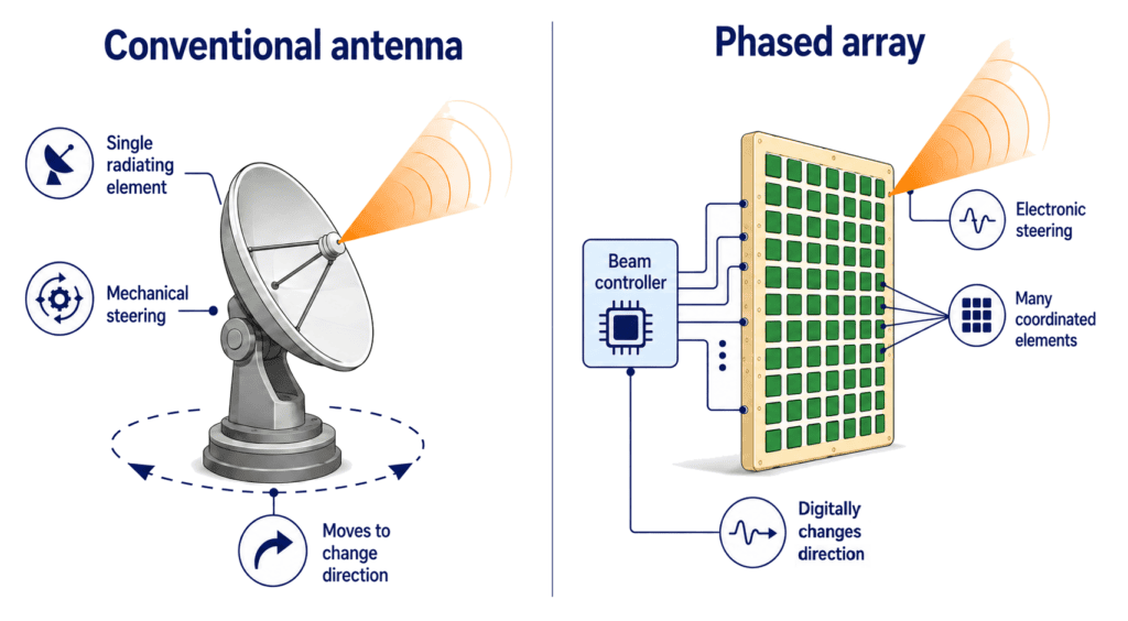 Diagram comparing a mechanically steered conventional antenna with an electronically steered phased array.
