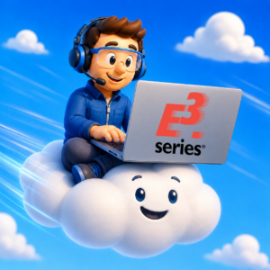 Cartoon engineer using a laptop while sitting on a smiling cloud.
