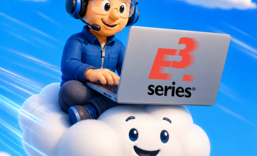 Cartoon engineer using a laptop while sitting on a smiling cloud.