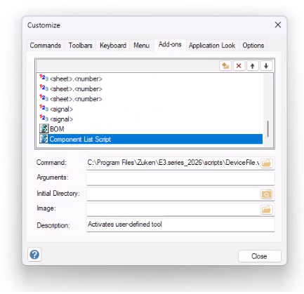 E3.series Customize window showing Add-ons tab, selected script, and Command file path.