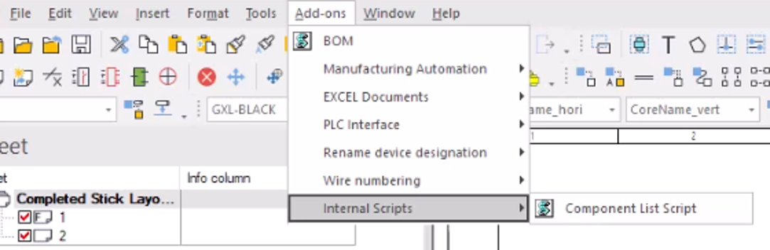 E3.series Add-ons menu showing Internal Scripts submenu and Component List Script command.