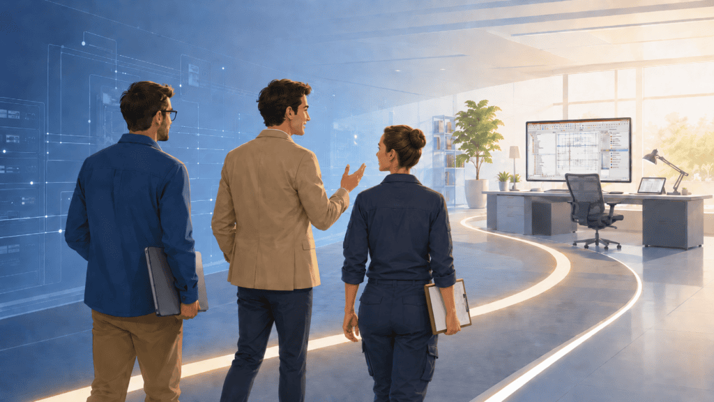 Three professionals follow a guided path toward an E3.series workstation.