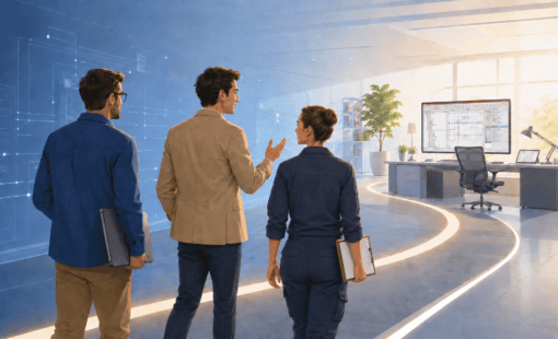 Three professionals follow a guided path toward an E3.series workstation.