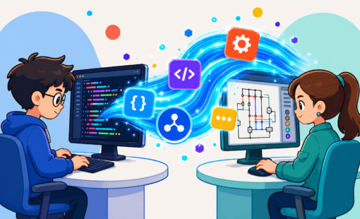 Cartoon programmer and electrical engineer connected by a glowing automated data pathway.