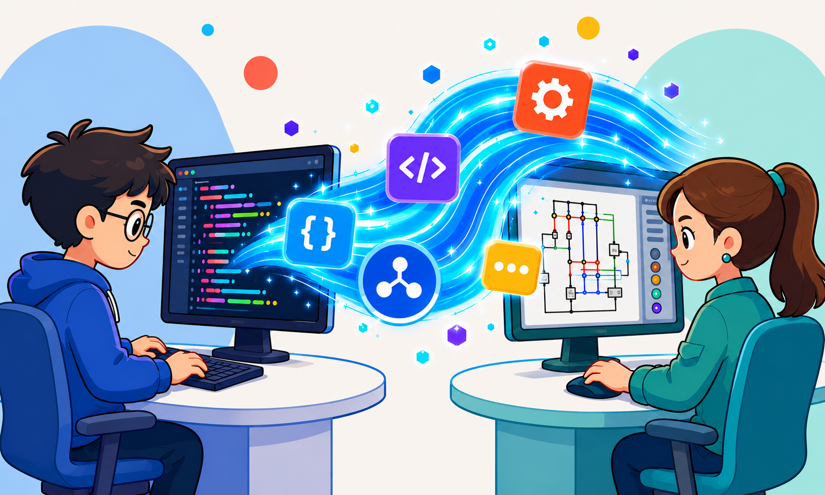 Cartoon programmer and electrical engineer connected by a glowing automated data pathway.