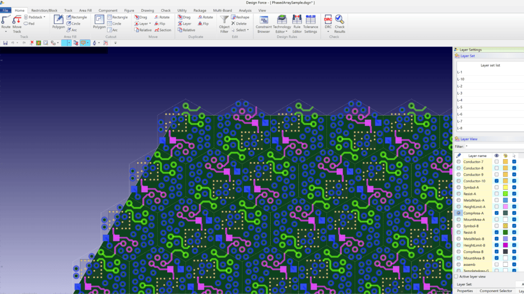 CR-8000 Design Force screenshot showing repeated RF circuitry and routing across a phased array PCB layout.