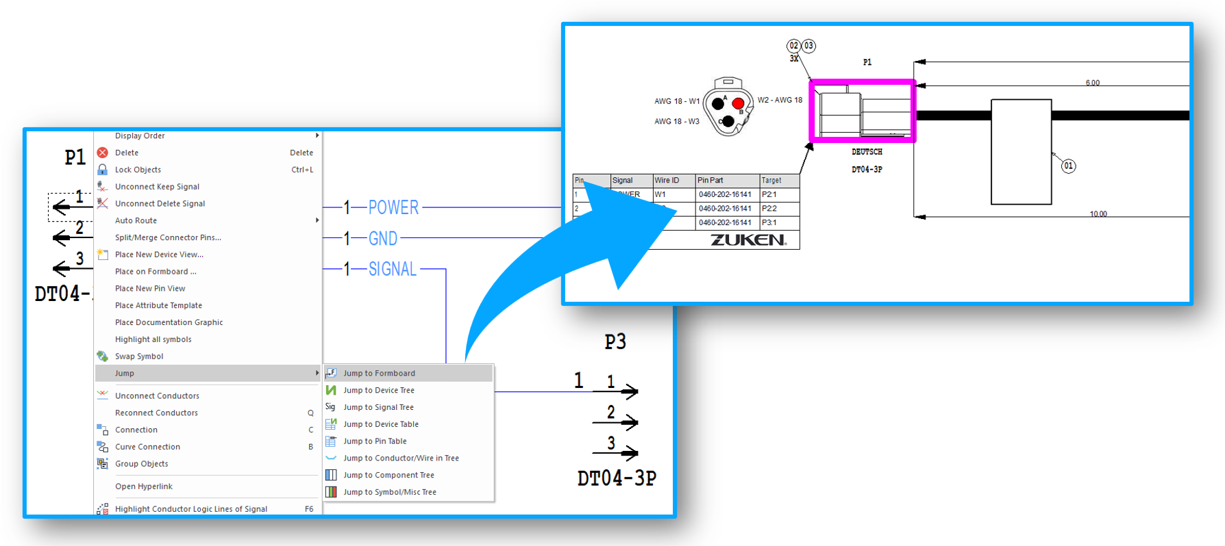 E3.series menu showing Jump to Formboard beside schematic and formboard views.