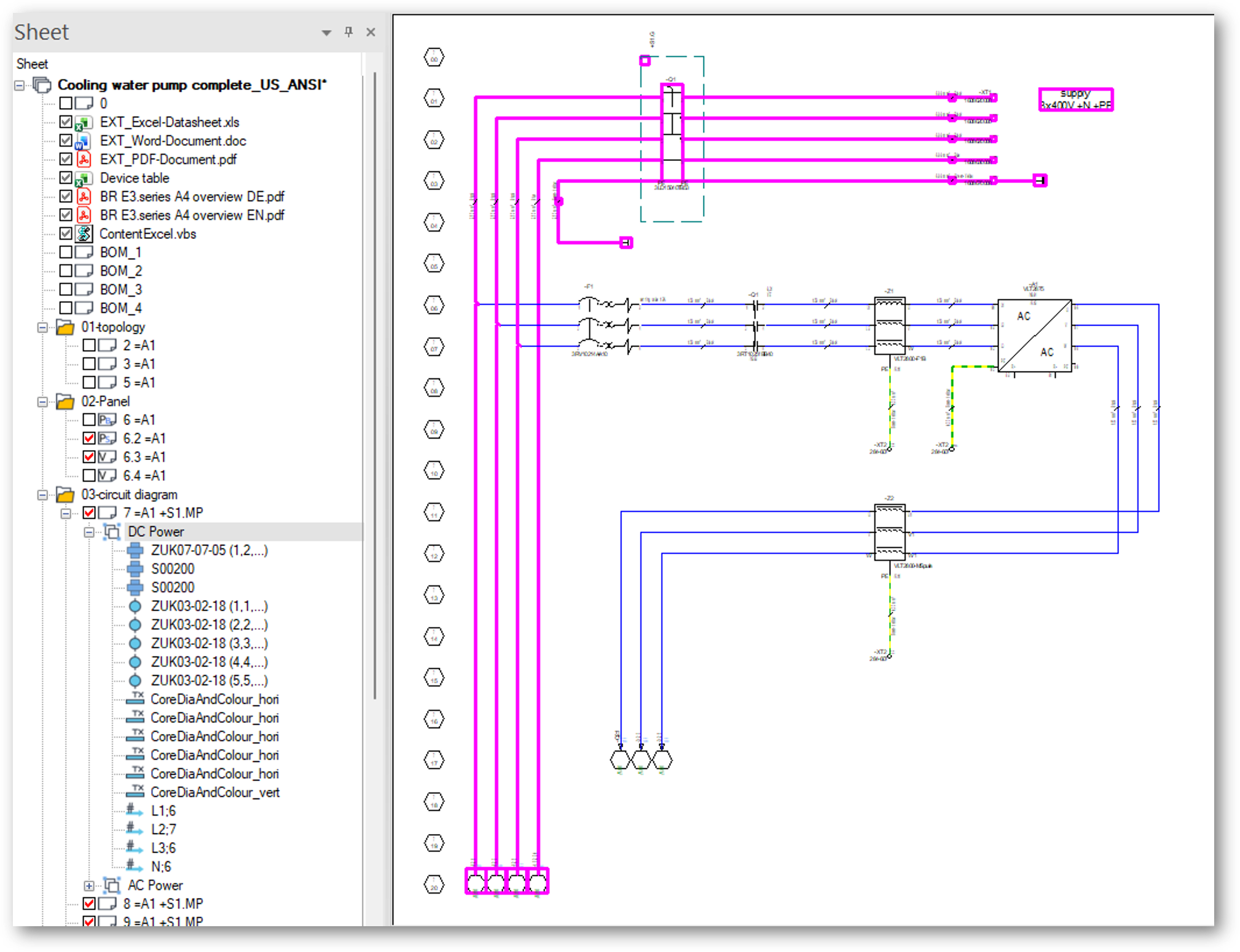 E3.series schematic with group objects highlighted in the sheet tree on the left.