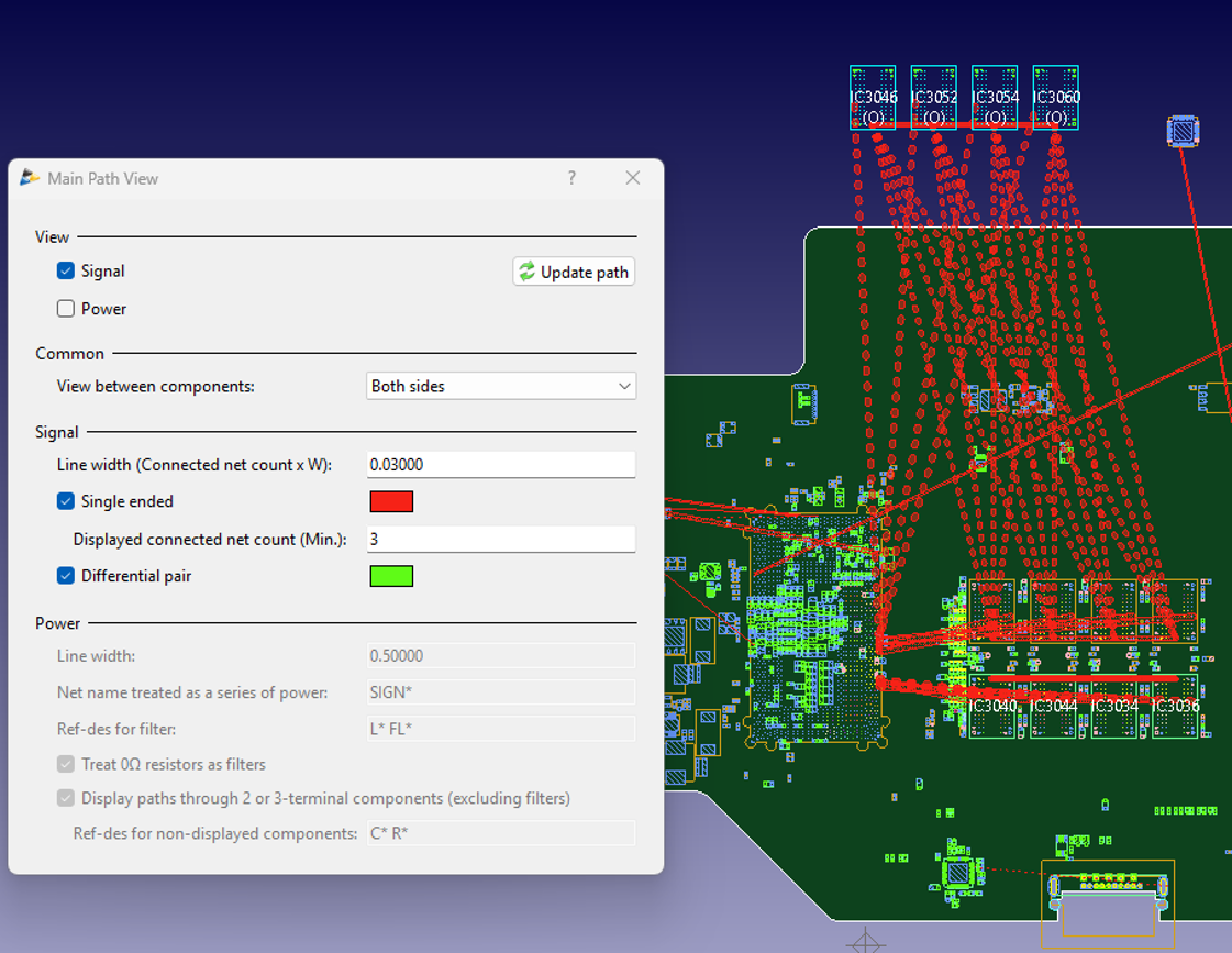 Main Path View dialog beside highlighted PCB net paths.