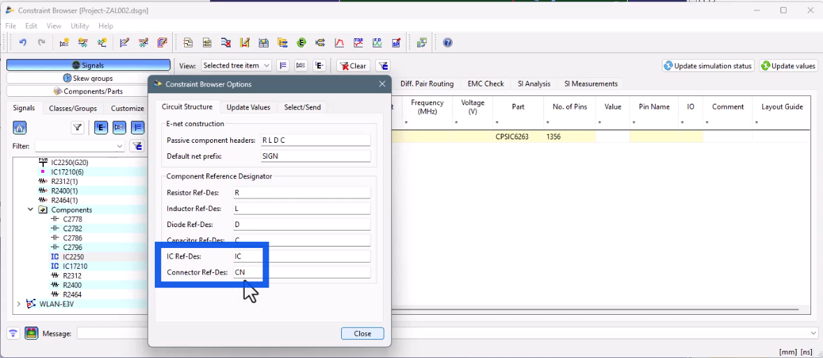 Constraint Browser showing IC and connector reference designator settings.