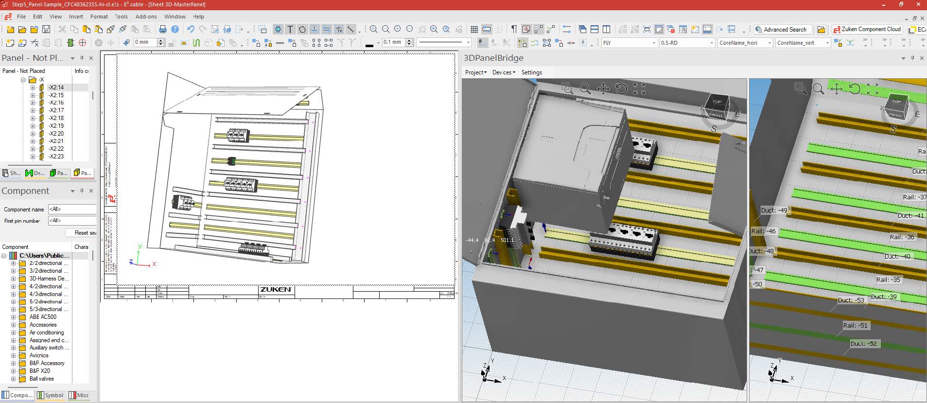 E3.panel and E3.3DPanelBridge displaying 2D and 3D electrical cabinet views.