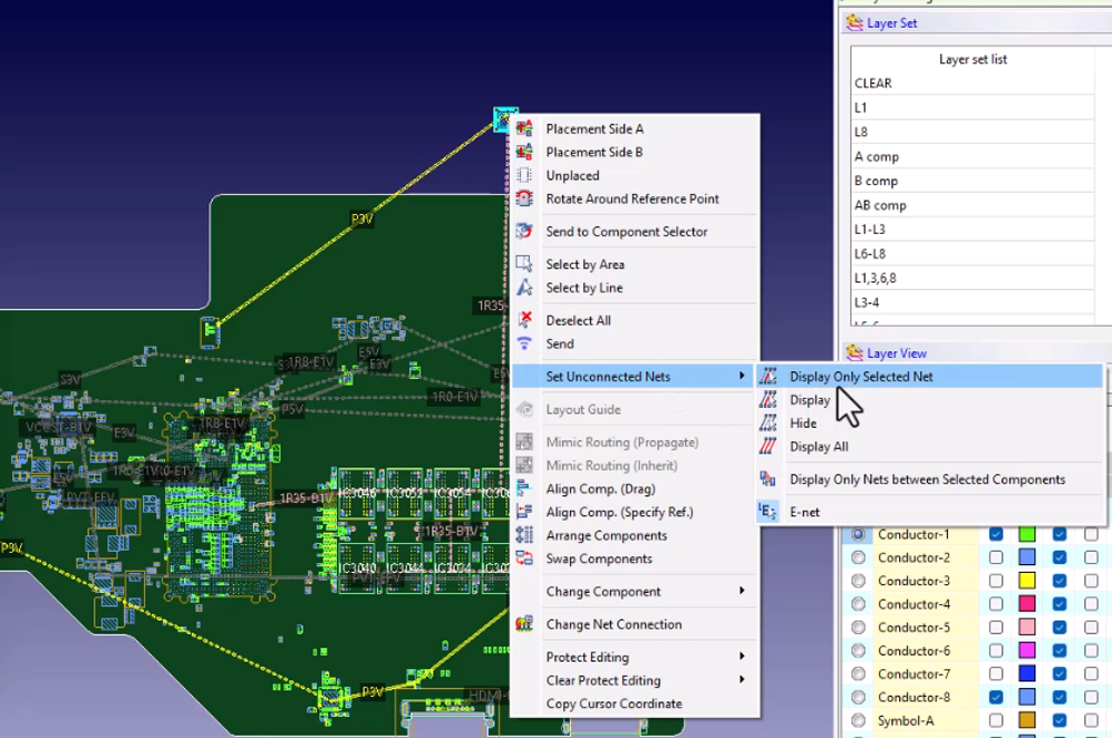 Context menu showing Display Only Selected Net command in PCB layout