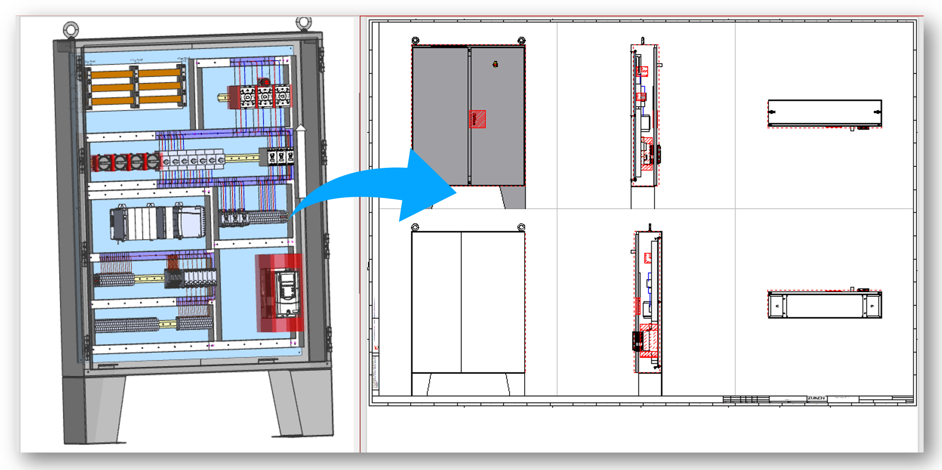 3D electrical cabinet beside a drawing containing six 2D projection views.
