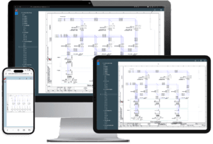 Electrical schematic displayed on a smartphone, desktop computer, and tablet.