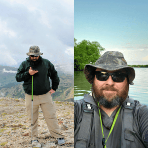 Two photos of Mike Bayliff outdoors, hiking on a mountain trail and kayaking on a lake.