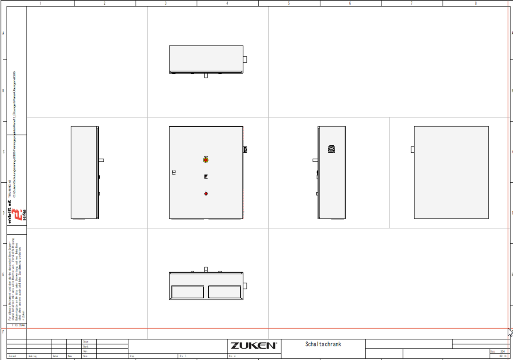 E3.series 2027 2D manufacturing drawing showing multiple views of a control cabinet enclosure.