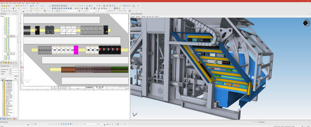 E3.3DPanelBridge interface showing a mechanical panel model and native E3.panel design objects for component placement and routing.