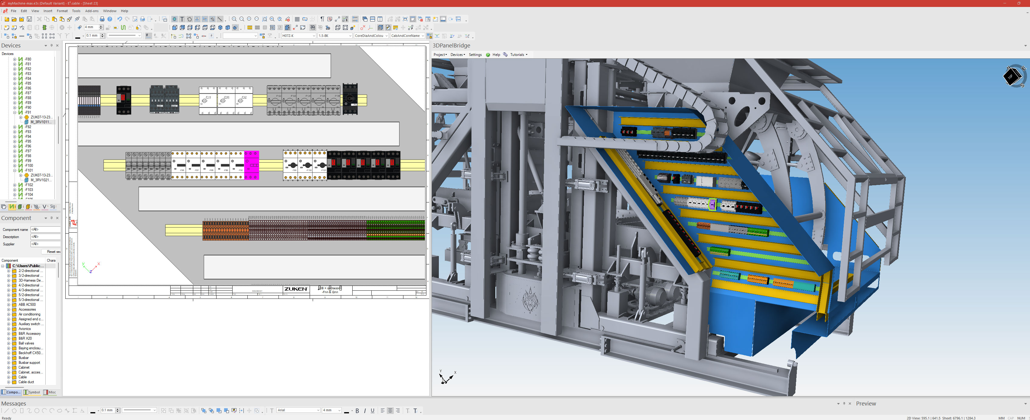 E3.3DPanelBridge interface showing a mechanical panel model and native E3.panel design objects for component placement and routing.
