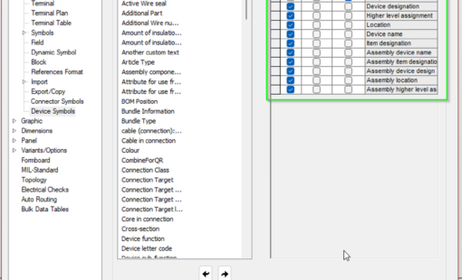 E3.series 2027 settings dialog showing options for placing multiple symbols with configurable spacing, orientation, and visibility.