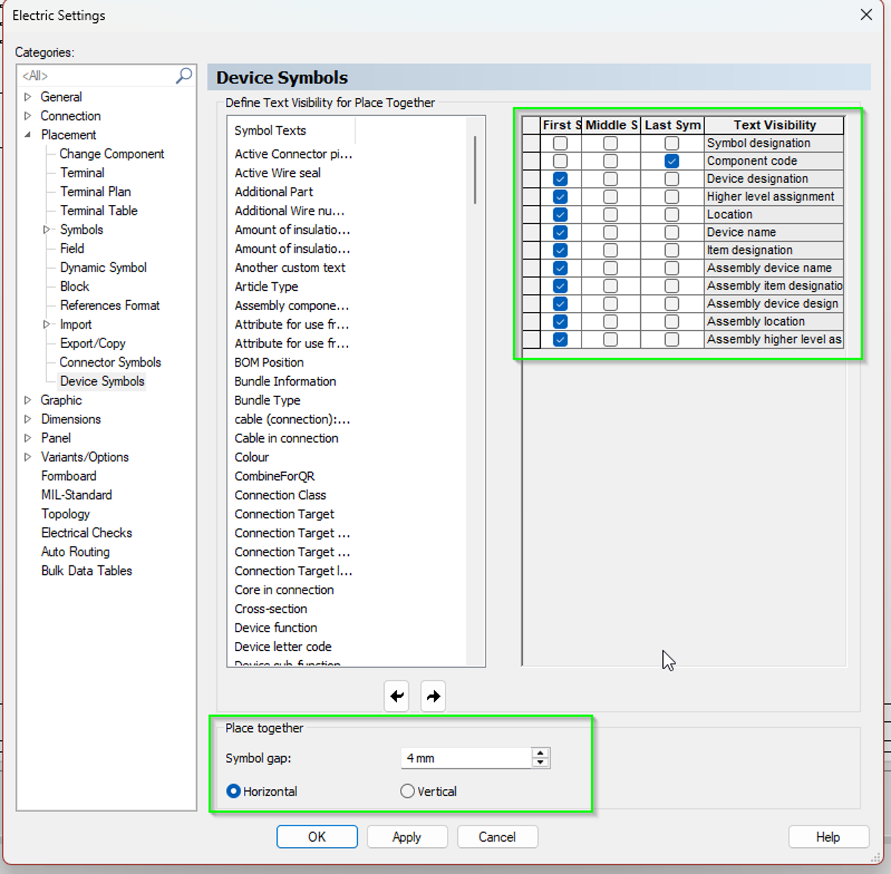 E3.series 2027 settings dialog showing options for placing multiple symbols with configurable spacing, orientation, and visibility.