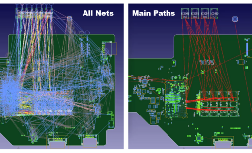Side-by-side PCB views showing all nets versus highlighted main paths.