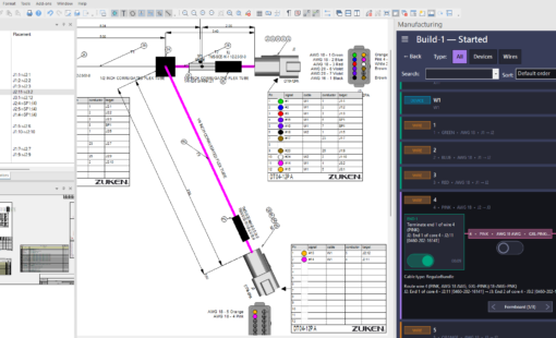 E3.series interface showing a highlighted wiring path and related manufacturing tasks in Harness Builder Assembly Task Manager.
