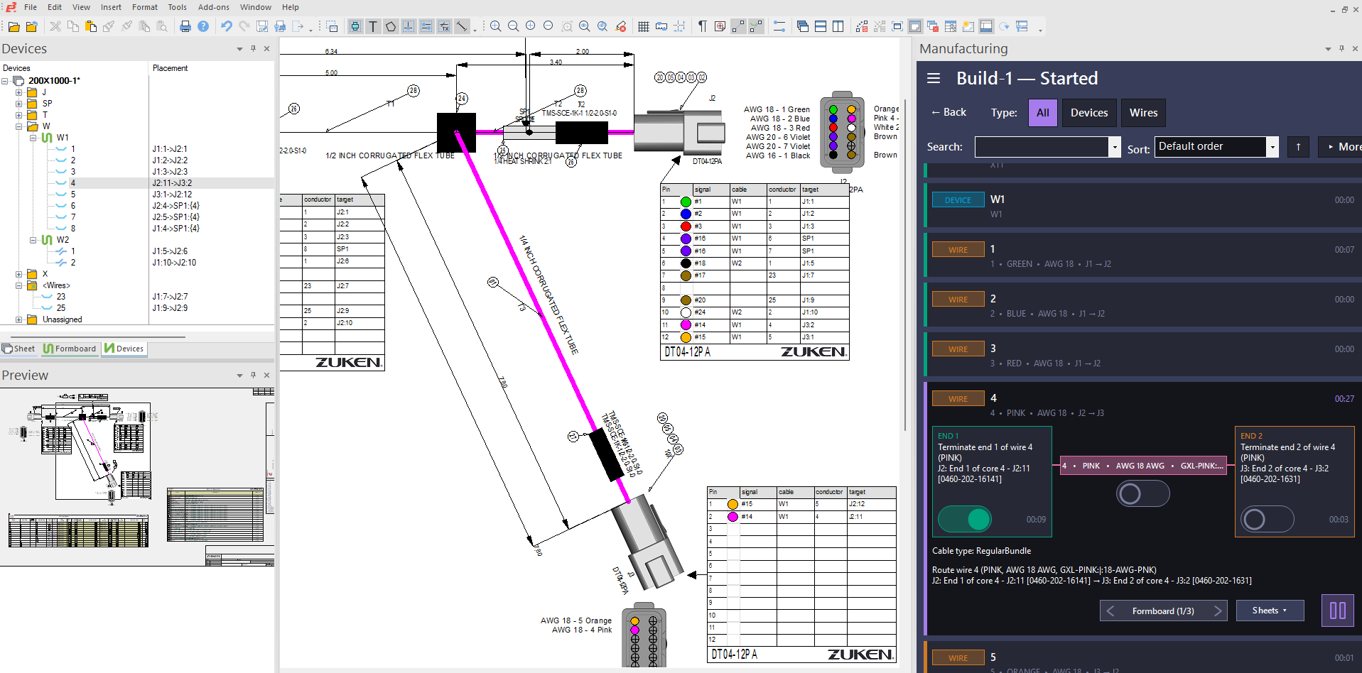 E3.series interface showing a highlighted wiring path and related manufacturing tasks in Harness Builder Assembly Task Manager.