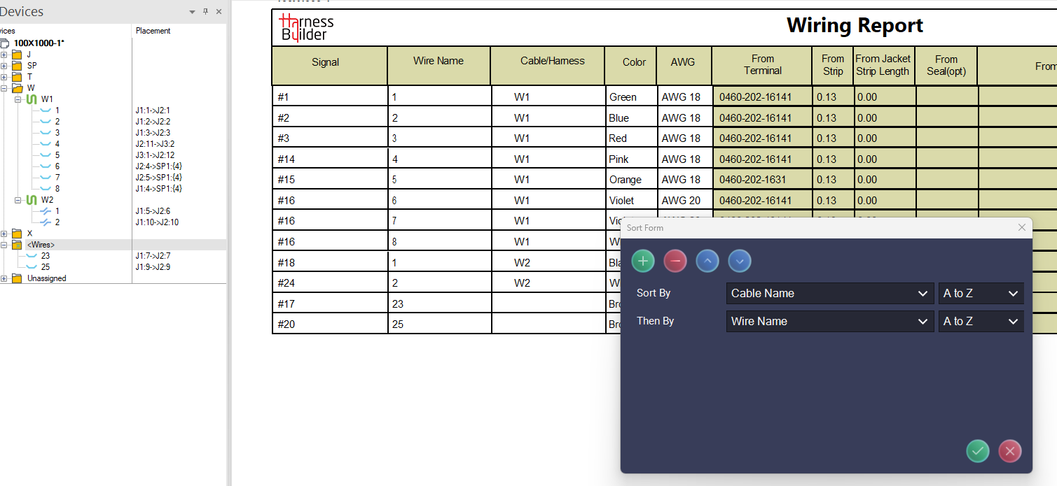 Harness Builder Wiring Report and multi-tier Sort Form showing Cable Name as the primary sort and Wire Name as the secondary sort.
