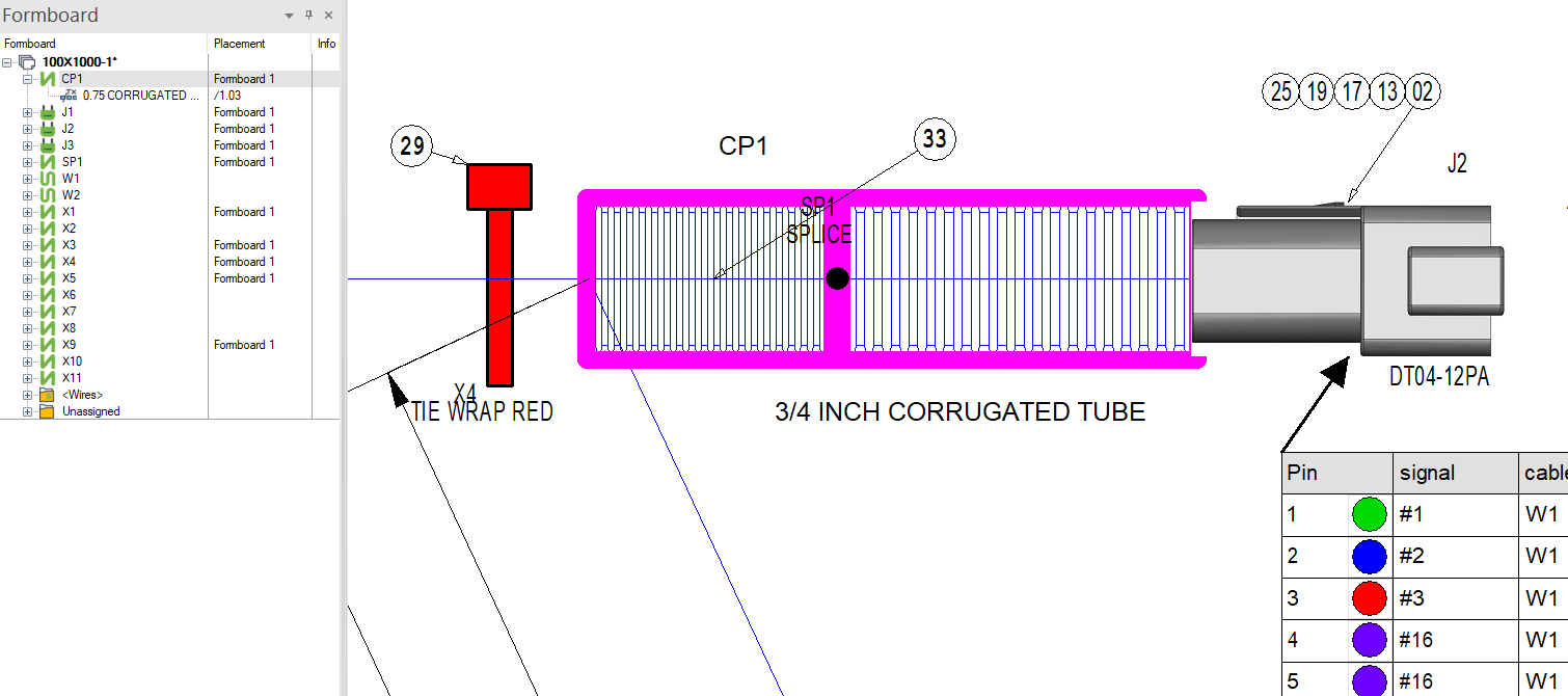 E3.series harness formboard showing three-quarter-inch corrugated tubing covering splice SP1 as one continuous segment.